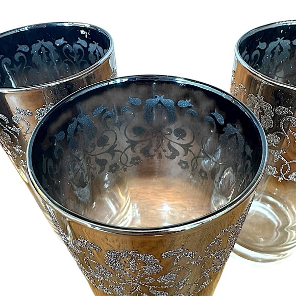 MCM Dorothy Thorpe Style Highball Glasses Silver Fade Filigree Barware 6 Pc Set - Picture 9 of 16